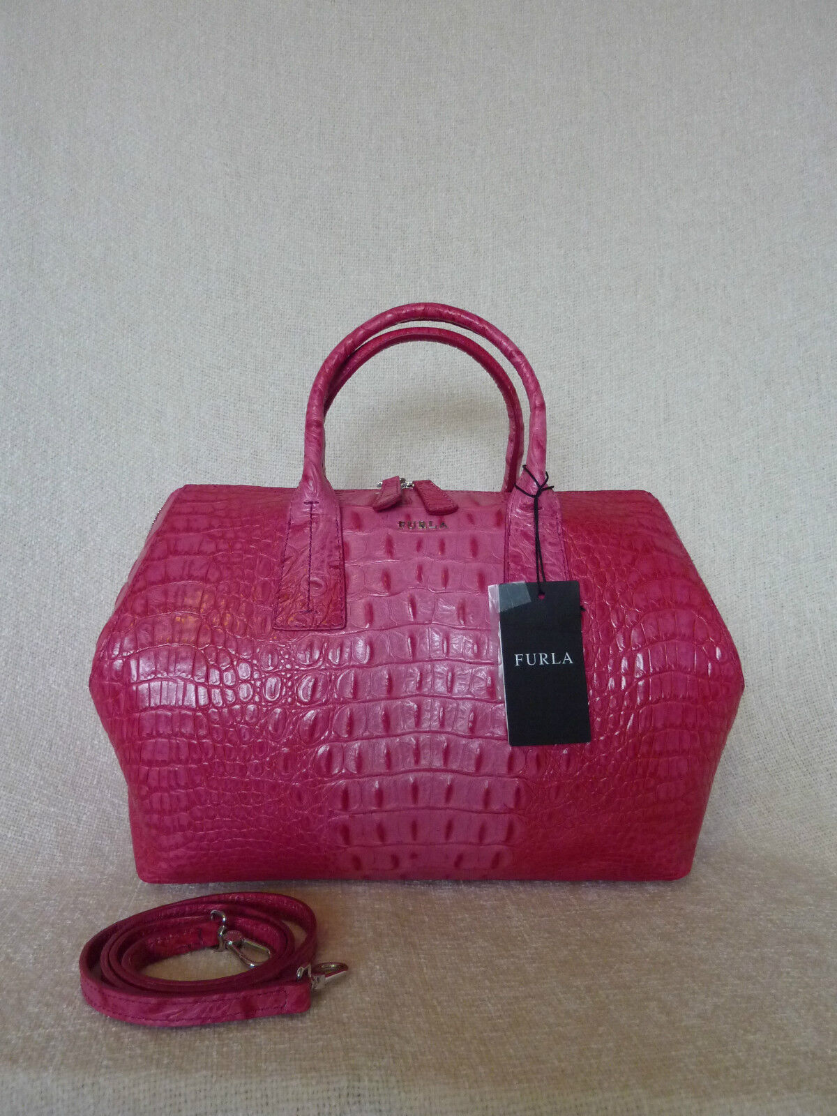 NWT FURLA Rosada Pink Red Croc Embossed Leather Papermoon Satchel Bag - $448