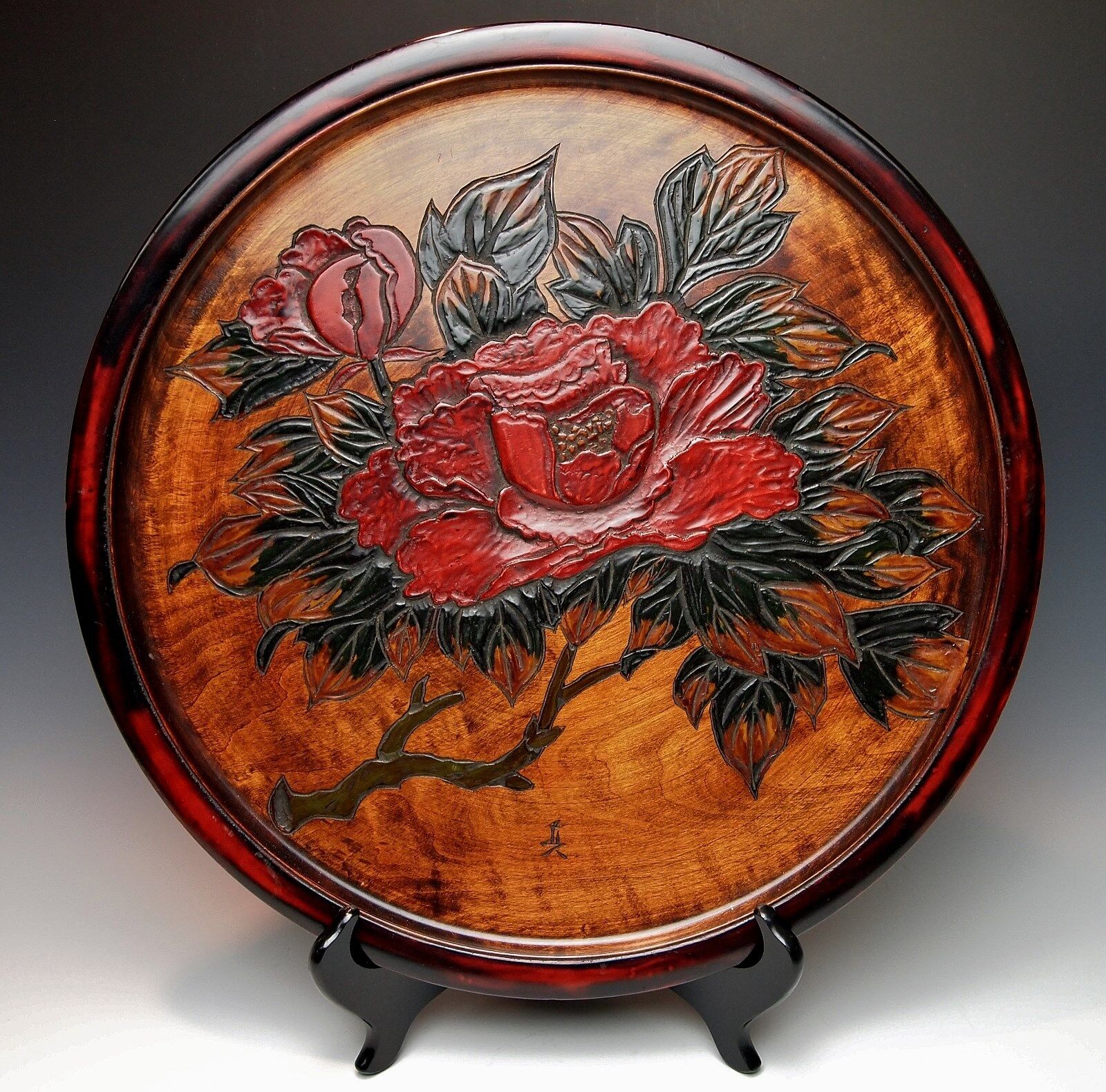 LARGE CARVED WOOD JAPANESE 16.5 INCH DISPLAY PLATE Hand Crafted Red Peony Signed