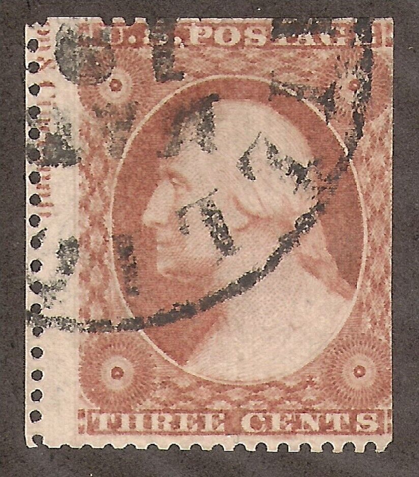 US # 26 (1857) 3c Used - VG - EFO: Printers Name on edge of stamp. Scarce Rare