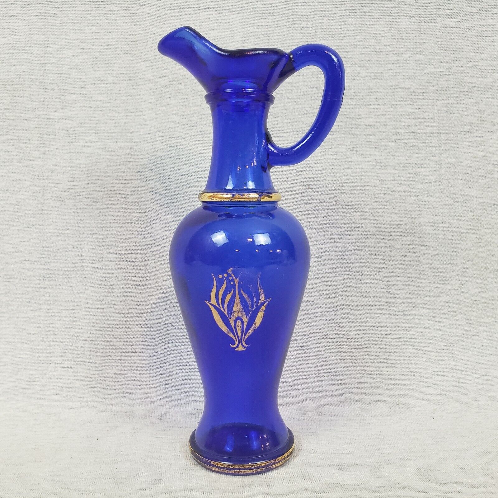 Cobalt Blue Vintage Pitcher Bud Vase Gold Trim Handle Spout Avon 8\