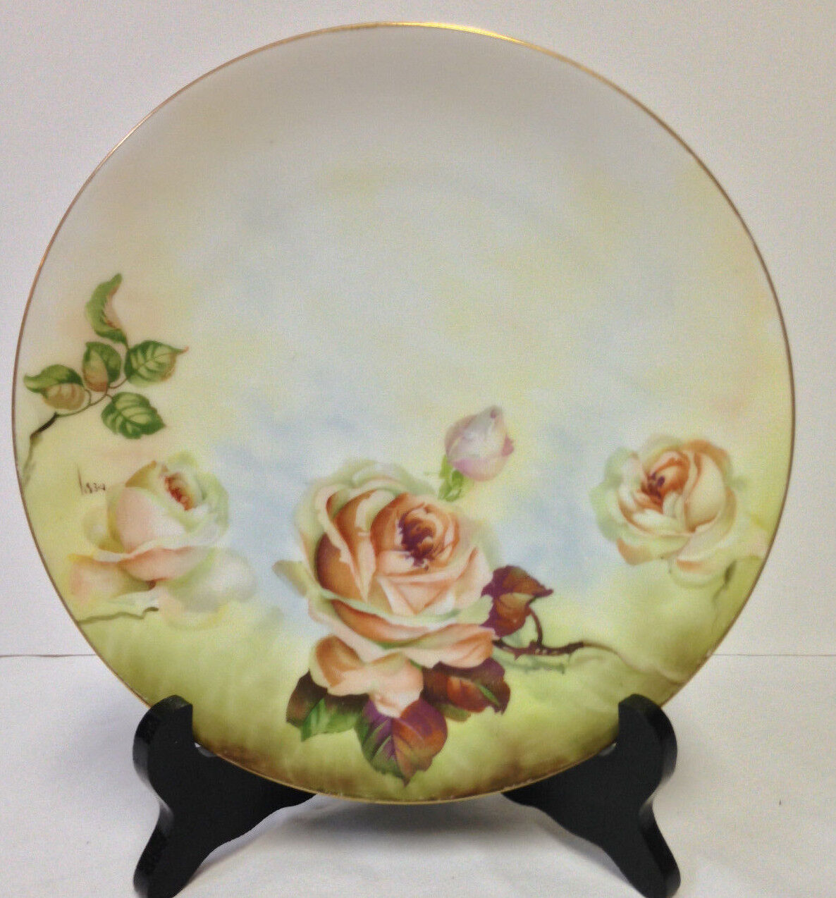 Vintage Hand Painted Caine\'s Studio P T Bavaria Signed Rose Gold Rim Plate 8.5\