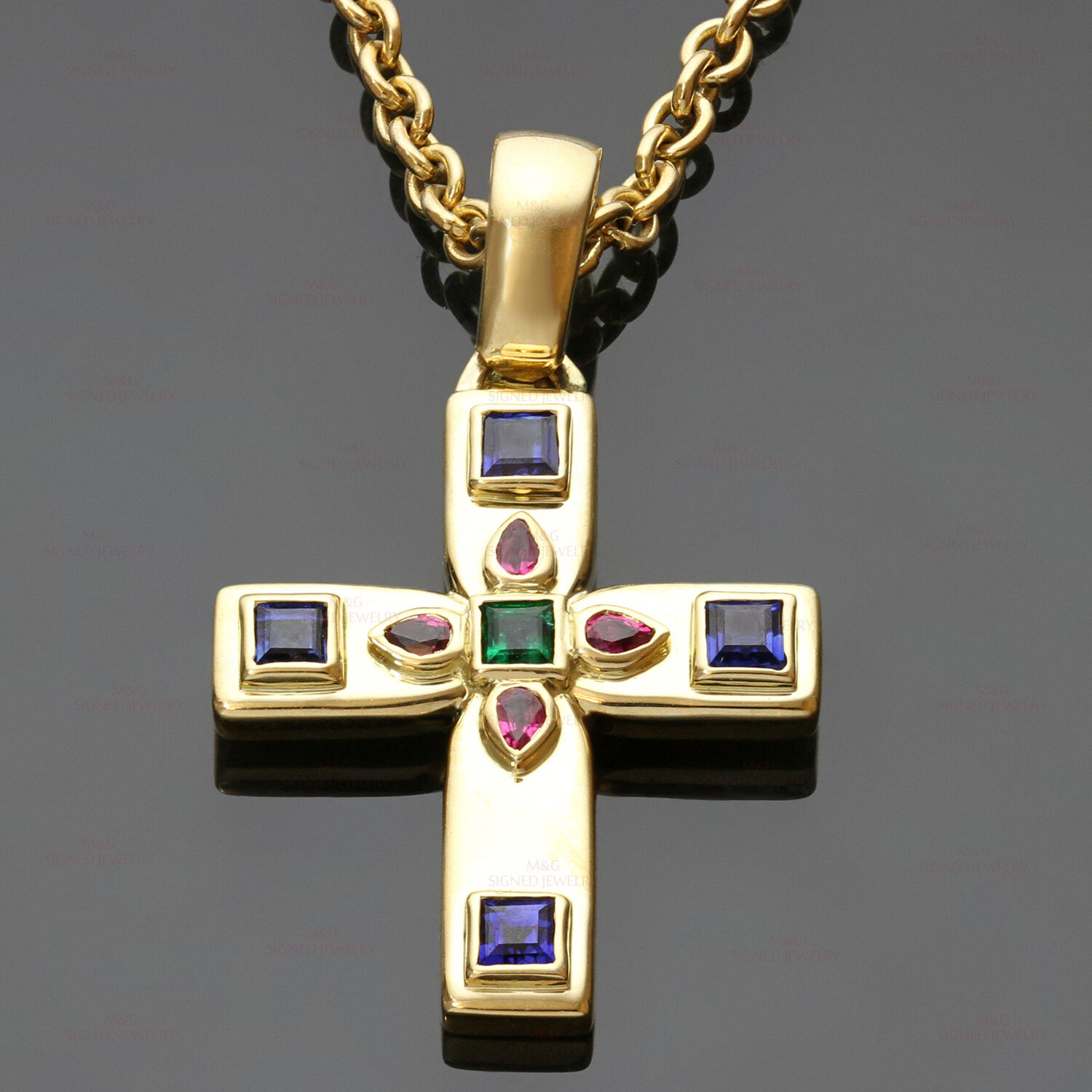 CARTIER Byzantine Multicolor Gemstone 18k Yellow Gold Cross Pendant Necklace