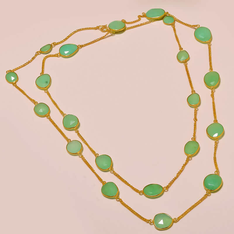 925 Solid Sterling Silver Trendy long chain with Chrysoprase Jewelry necklace