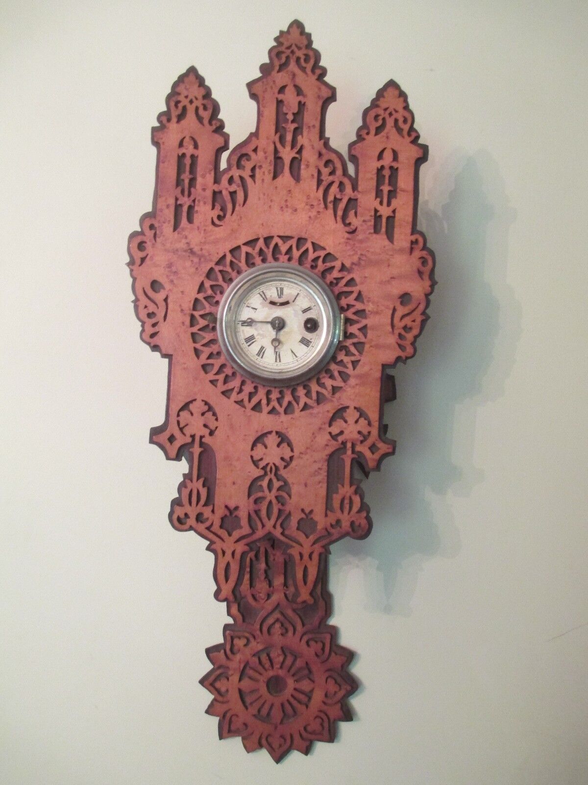Antique GOTHIC wall clock BLACK FOREST - FRET WORK rosewood / bird’s eye maple