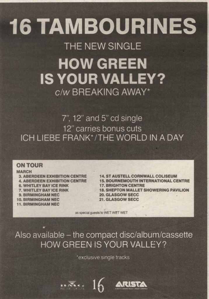 10/3/90Pgn50 Advert: 16 Tambourines Single how Green Is Your Valley? 7x5