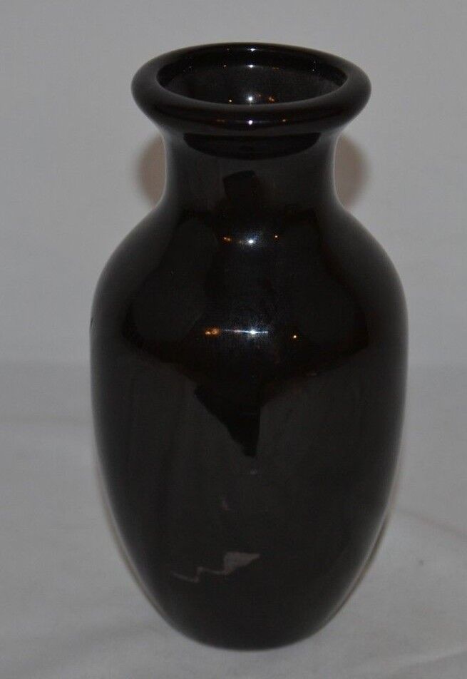 Black Glass Vase Etched Unknown Maker 6 1/8\