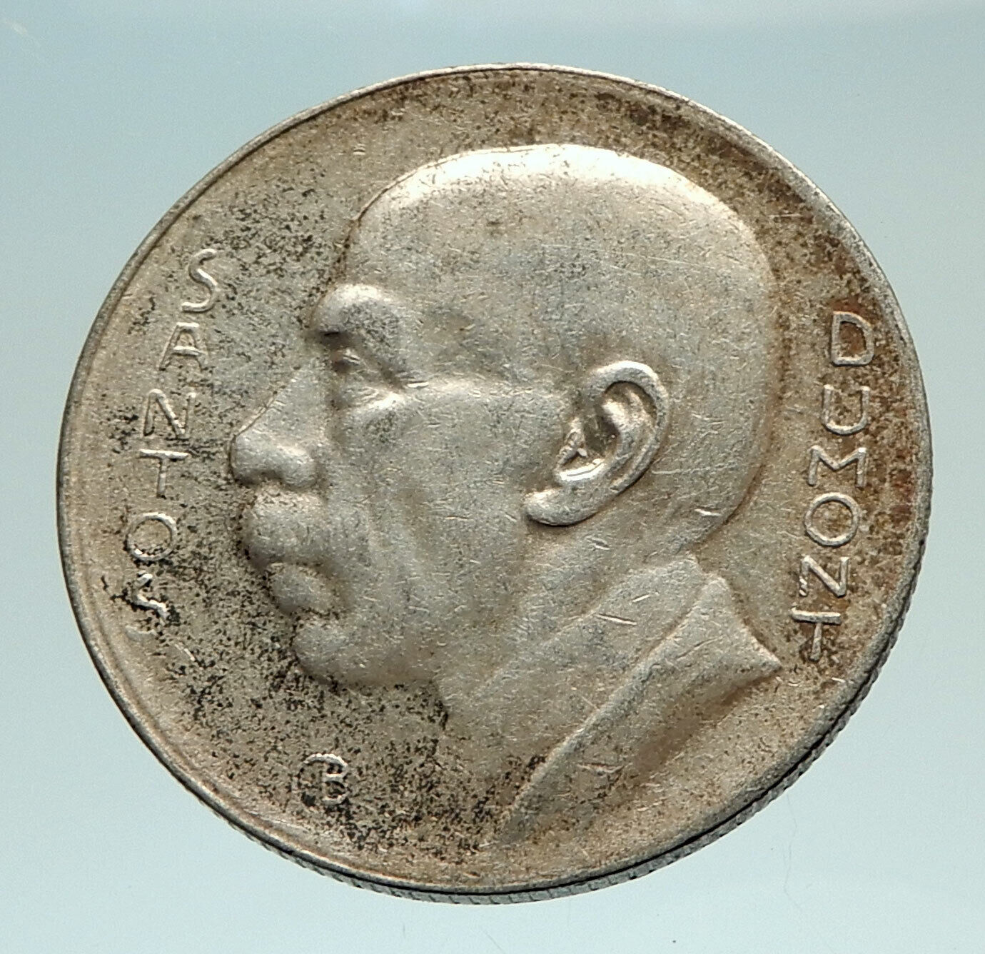 1937 BRAZIL Alberto Santos Dumont AVIATION Antique Silver 5000 Reis Coin i76977