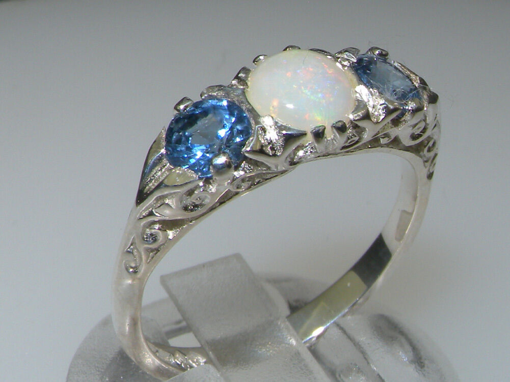 VINTAGE style Solid 925 Silver Natural Opal & Blue Sapphire Trilogy Ring