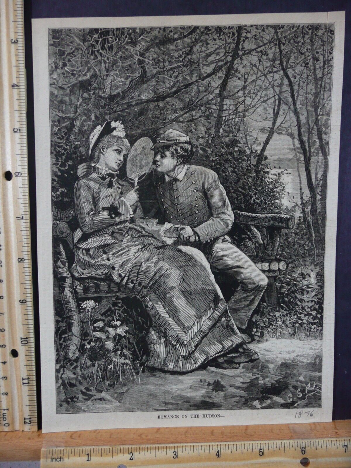 Rare Antique Original VTG 1876 Romance On The Hudson Harpers Engraving Art Print