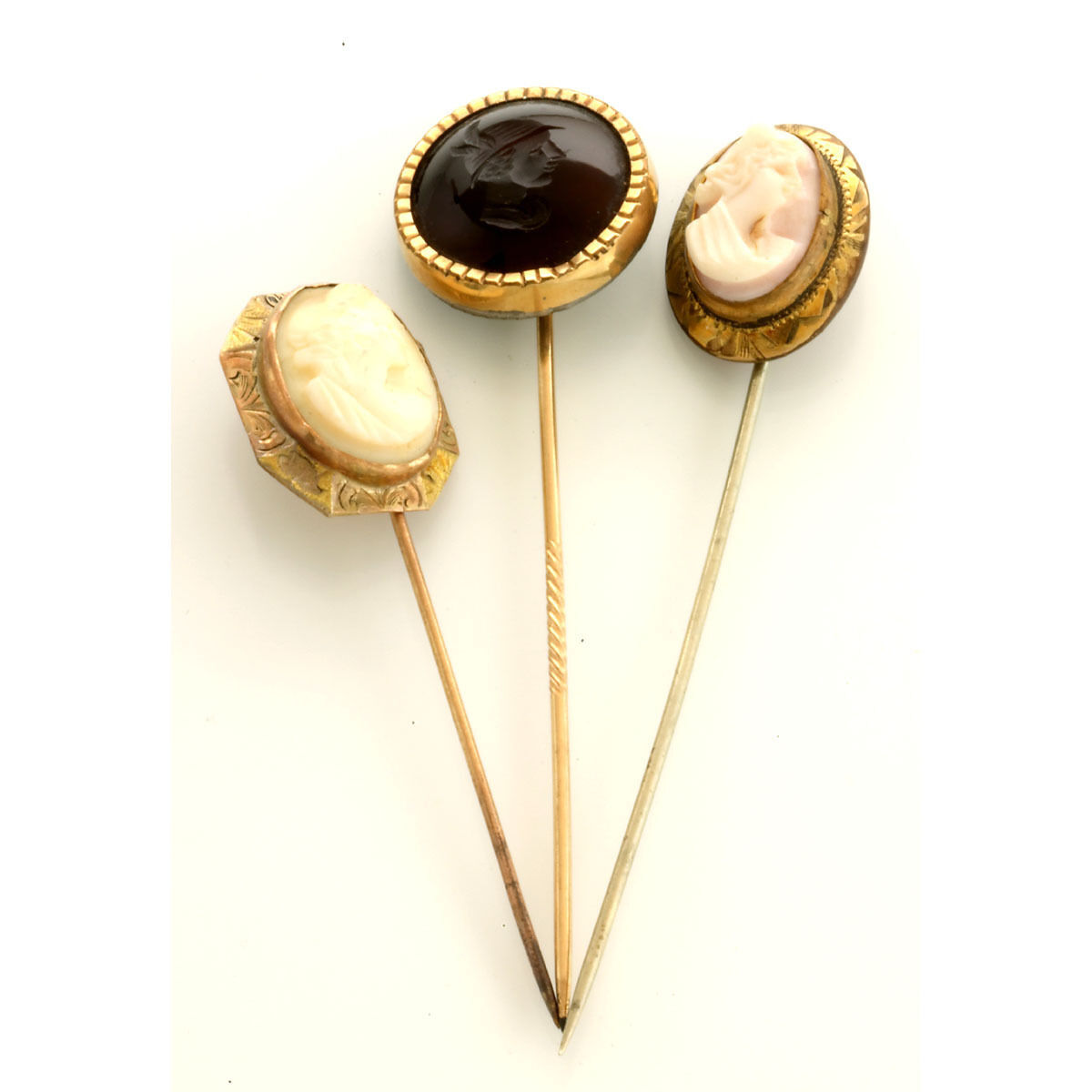 Three Cameo Gold-Filled Stick Pin Collection (2 Shell  &  1 Sardonyx)