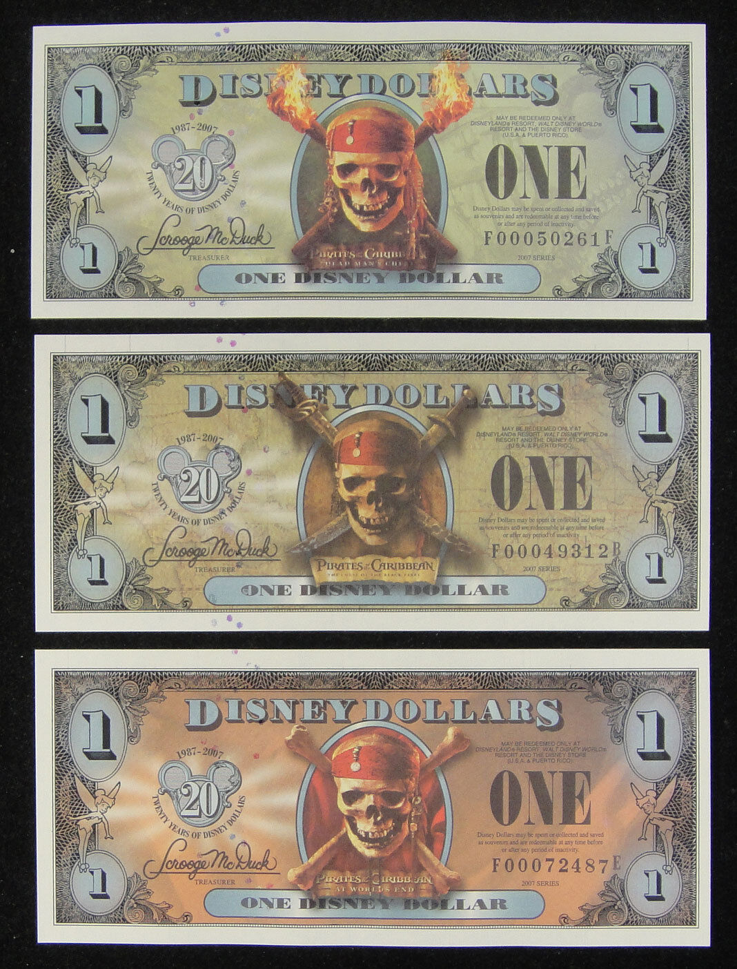 2007 $1 DISNEY DOLLAR Uncirculated, A Set of 3 Pieces