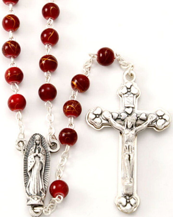 NEW MADE IN ITALY OUR LADY OF GUADALUPE RED GOLD ROUND GLASS BEAD ROSARY  