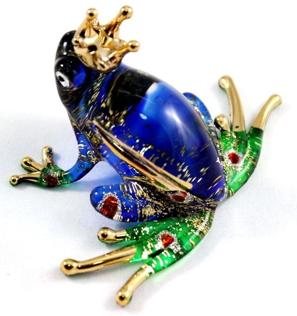 Glass Frog Crown Figurine Animal Hand Blown Amphibian Blue Handmade Craft Cute 2