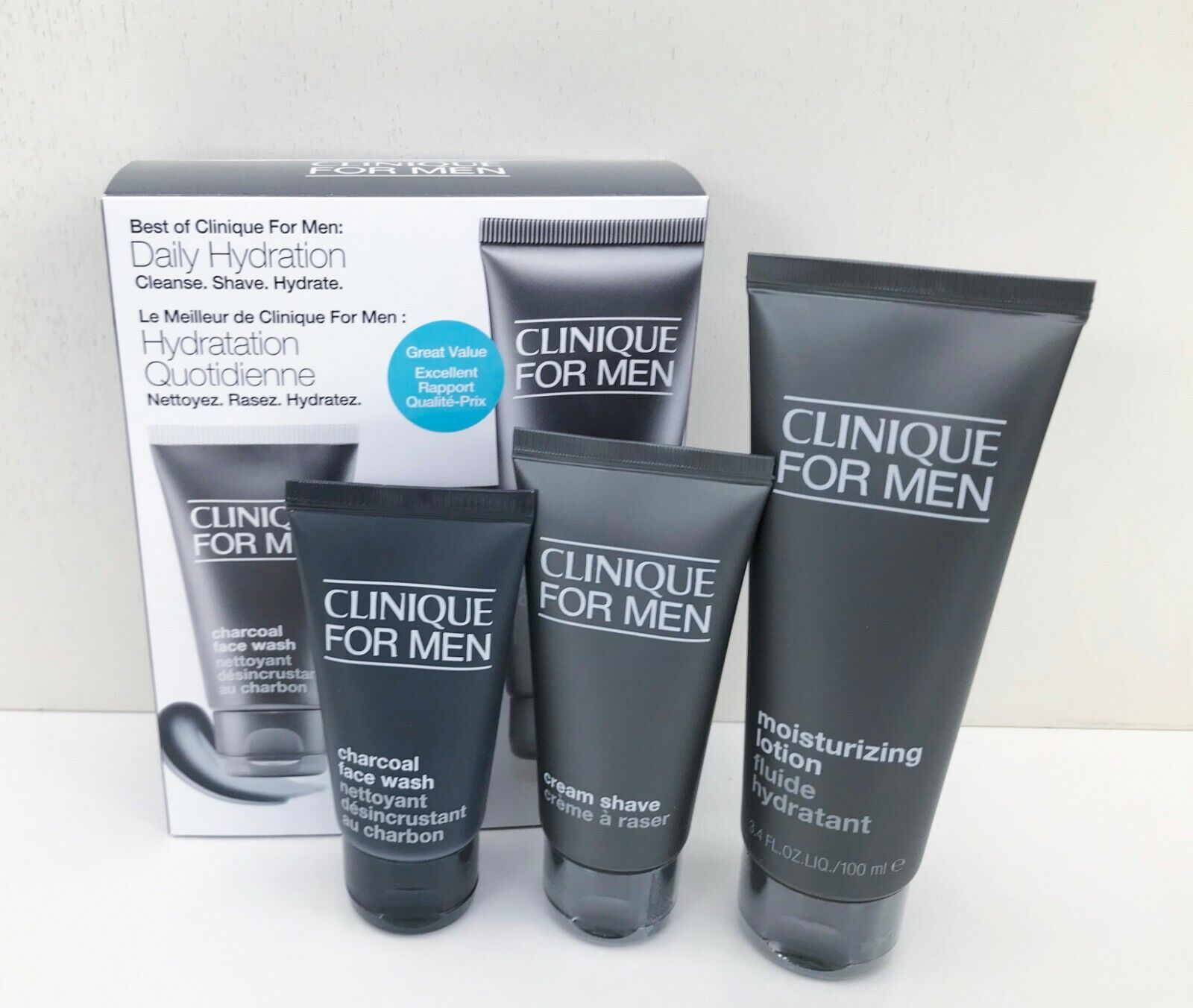 Clinique For Men Daily Hydration Set, Charcoal Face Wash, Cream Shave & Lotion