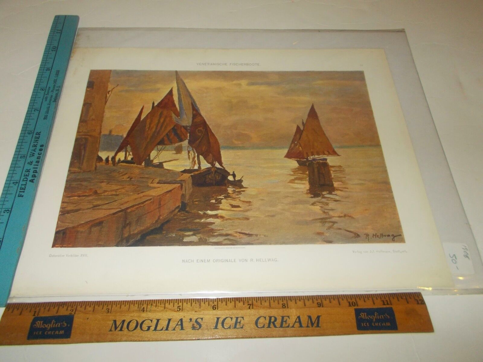 Rare Antique Original VTG 1908 Hellwag Venetian Boats Hoffmann Color Art Print