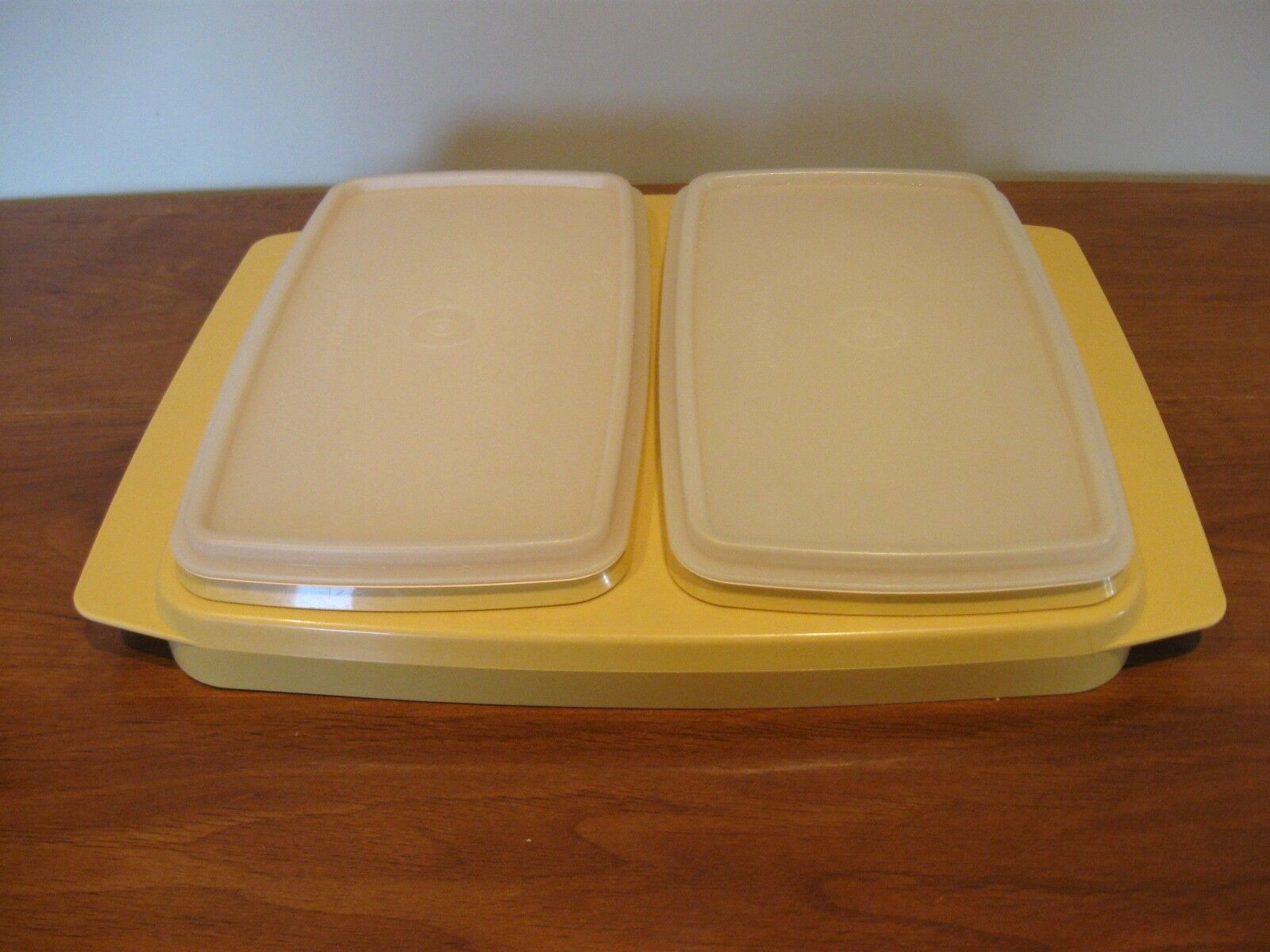 TUPPERWARE 2 vintage gold deli meat/cheese keeper/containers w/gold holding tray