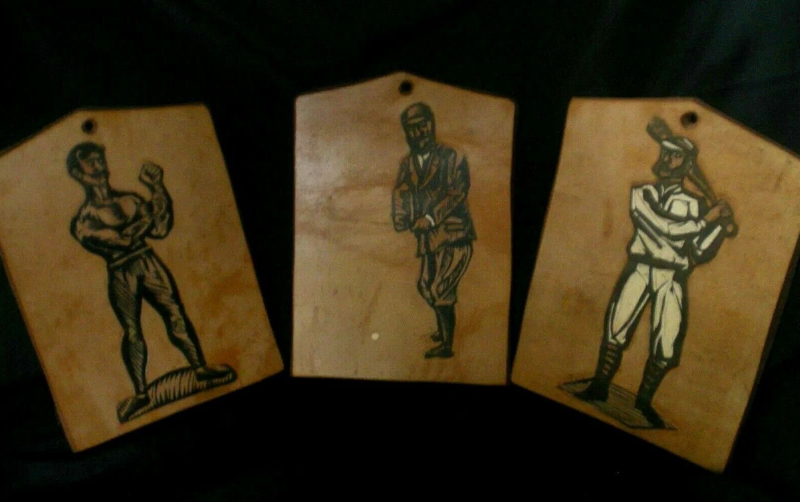 3 VINTAGE  LITHOGRAPH  ON THICK LEATHER MATS  ART MEN GOLF BASEBALL  PICTURE