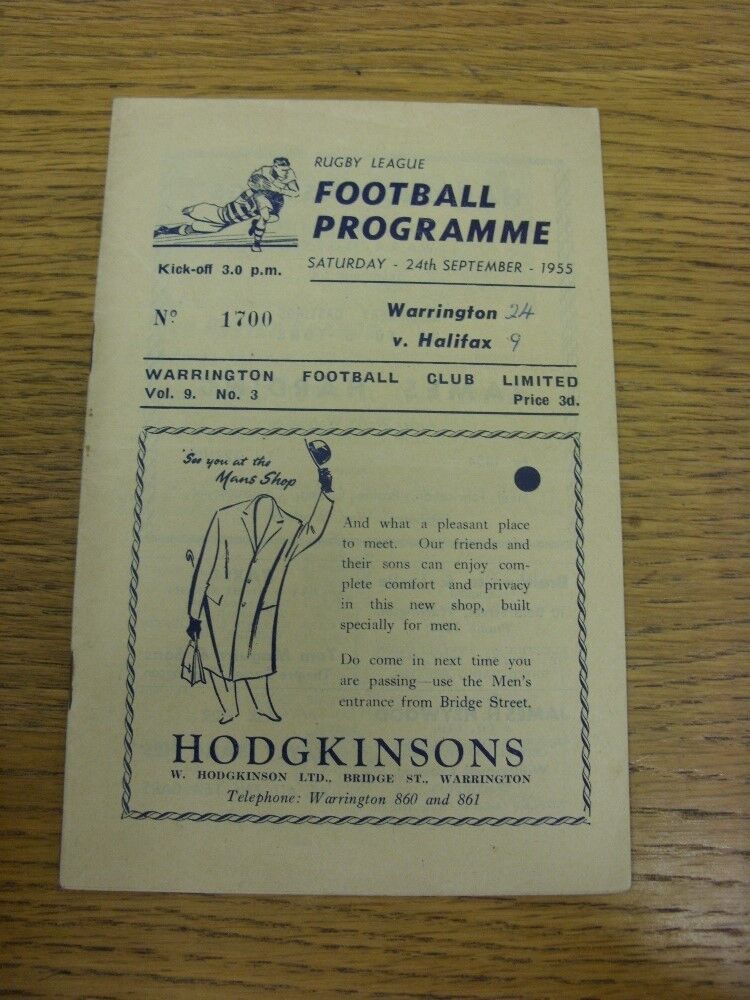 24/09/1955 Rugby League Programme: Warrington v Halifax (team changes, score on