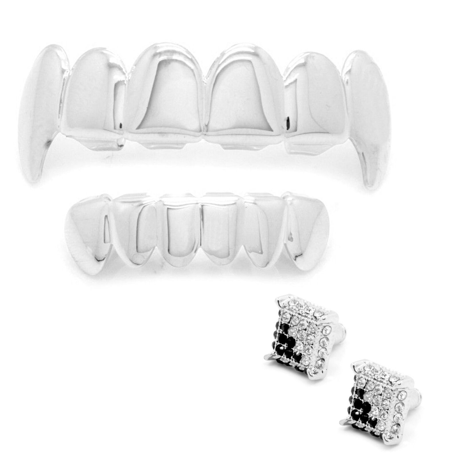 Silver Plated Hip Hop Teeth Grillz Top Fang & Bottom Set & Micro Pave Earrings