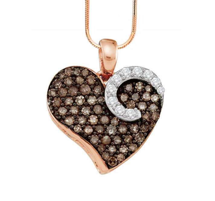Stunning 100% 10K Rose Gold Chocolate Brown & White Diamond Heart Pendant