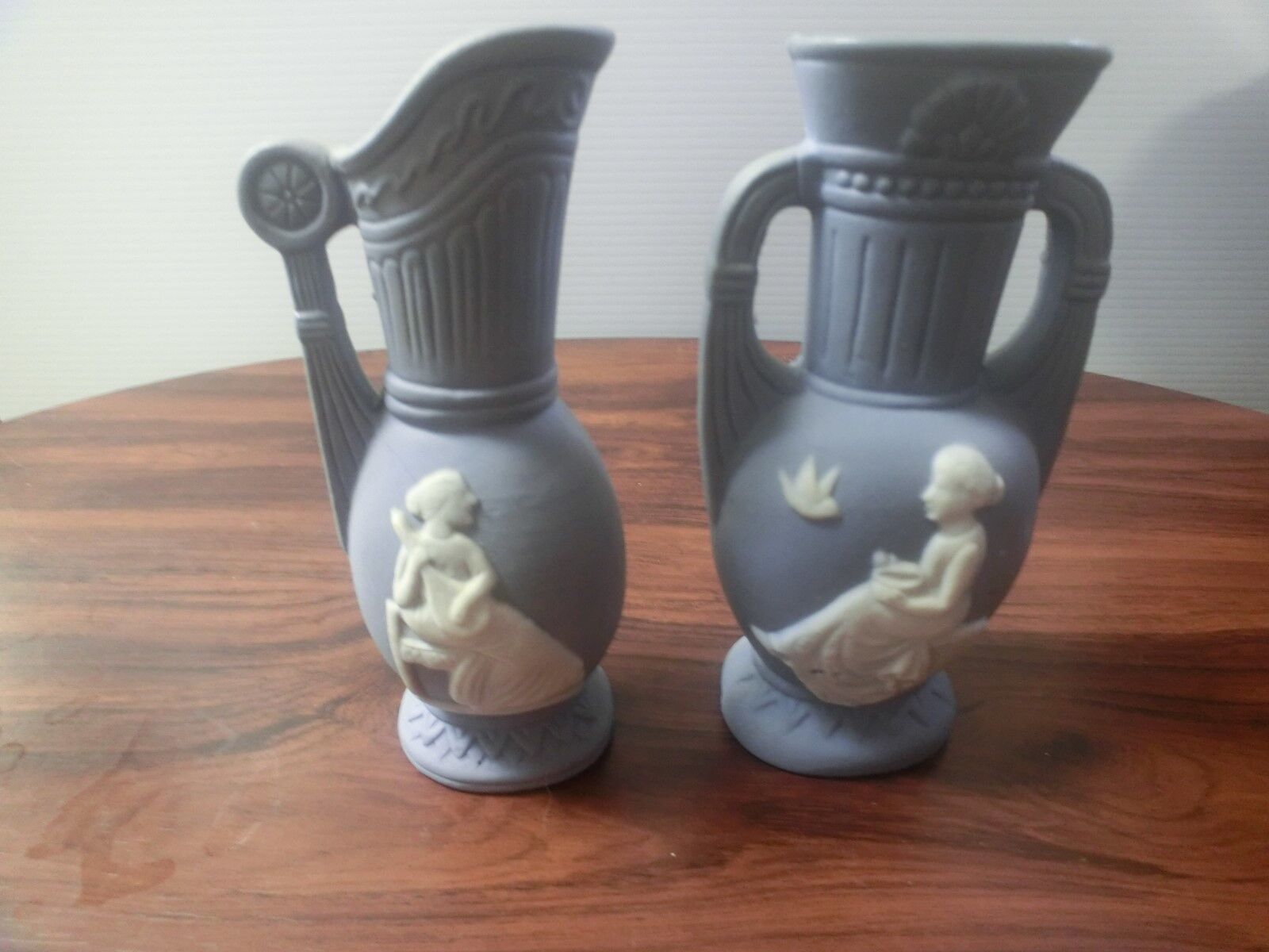 Two 2 Blue and White Bud Vases done in the manner of Wedgwood Japan 