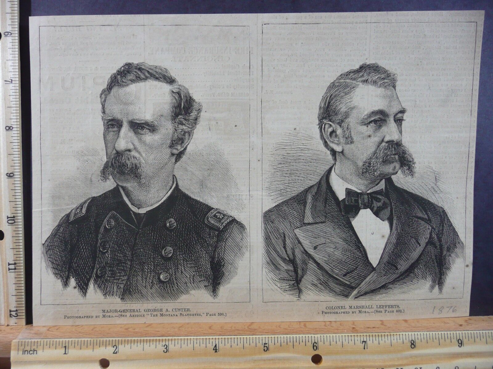 Rare Antique Orig VTG 1876 Military Officers Custer, Lefferts Engraved Art Print