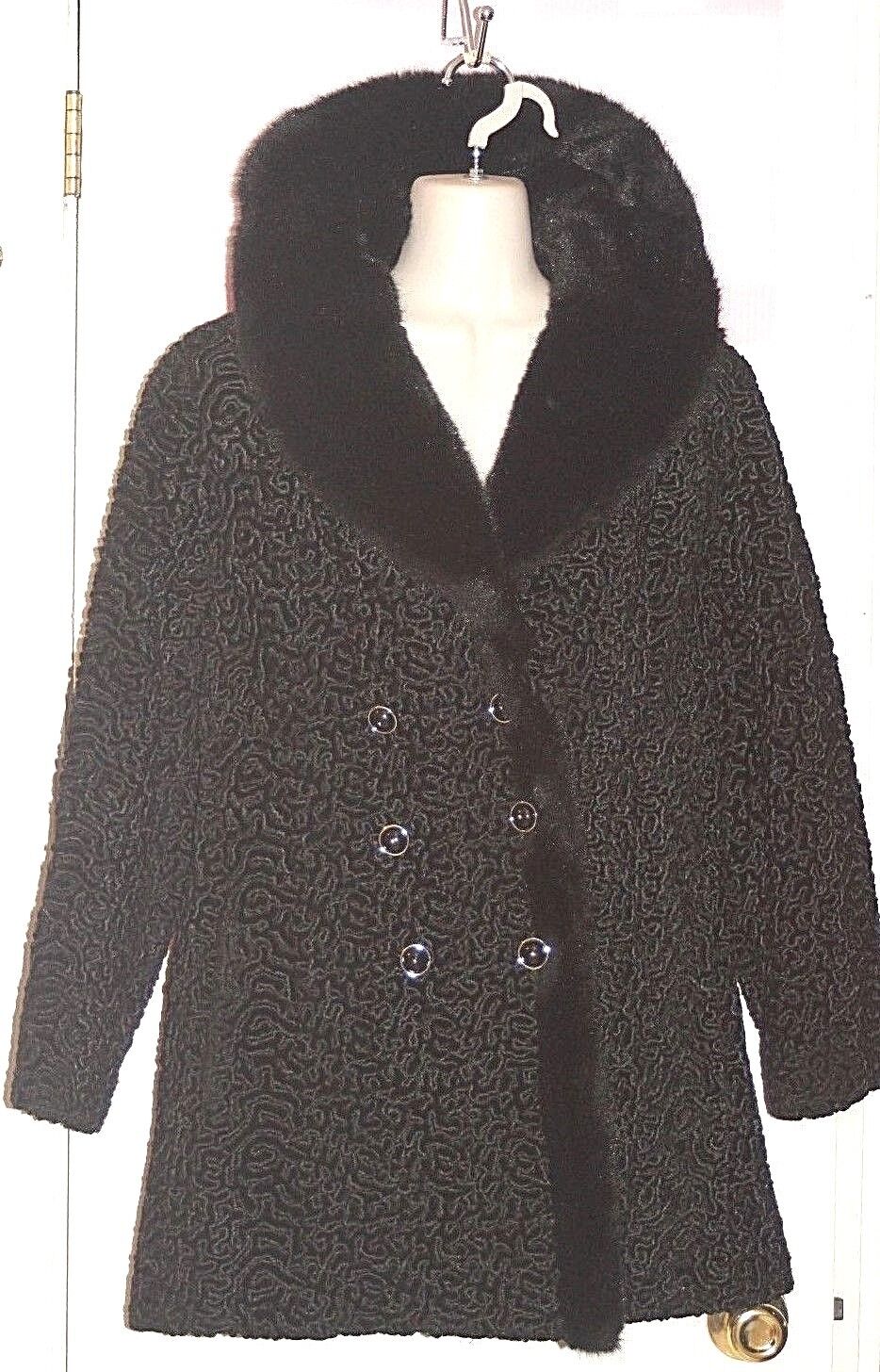 ASTRAKIN LEPSHIRE Coat FRANCE VTG Black Lamb & Mink Faux Fur Sz S/M *XLNT+