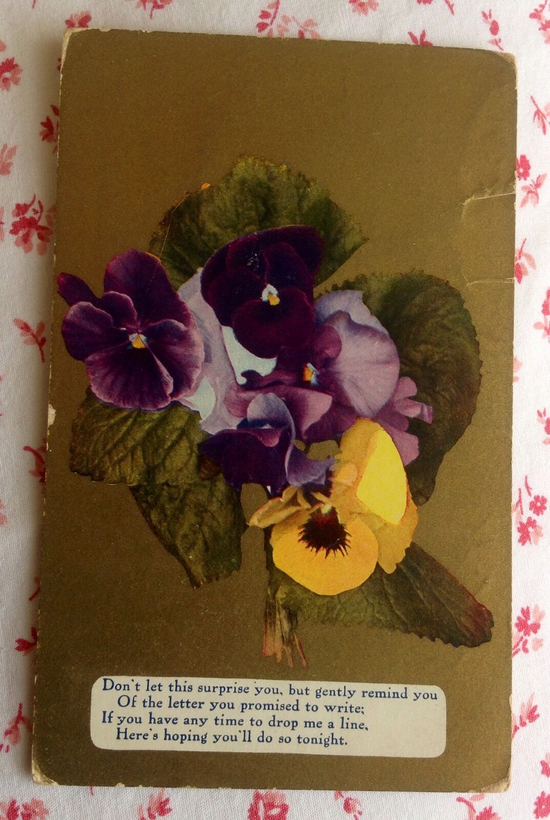 Vintage 1910 Postcard Purple and Yellow Pansies on Gold Background