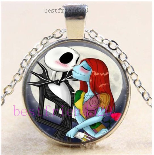 Jack And Sally Love Cabochon Glass Tibet Silver Chain Pendant Necklace#CH96