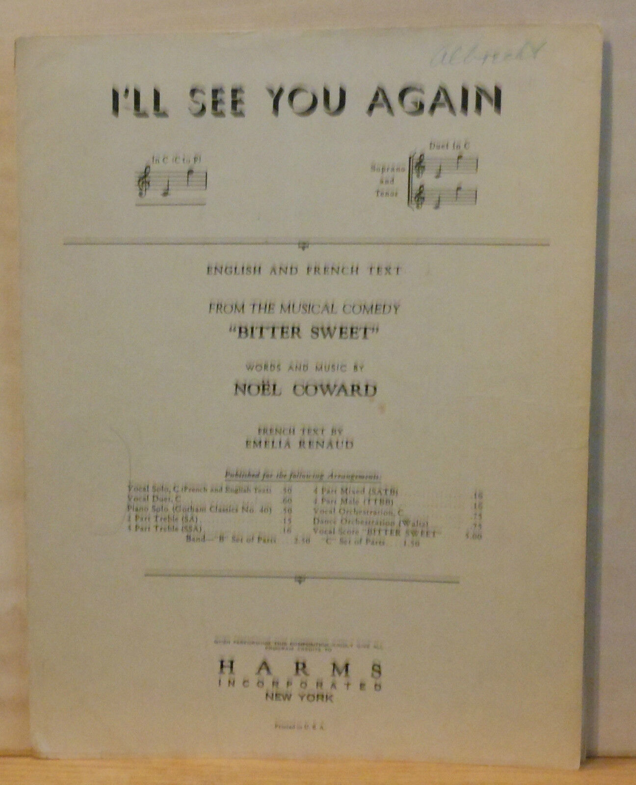 I\'ll See You Again - 1944 vintage sheet music from Noel Coward\'s \