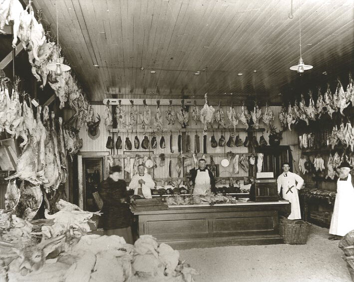 Vintage Butcher Shop At Thanksgiving Hundreds of Turkeys Hanging Hams Ducks Deer