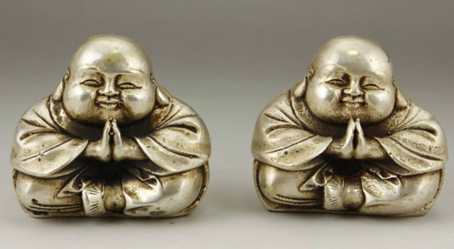 CHINESE OLD WHITE COPPER HANDWORK CARVING PAIR FAVORITE BUDDHA MONK STATUE