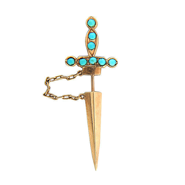 Vintage 1890 Victorian 14k Pink Gold Untreated Round Persian Turquoise Jabot Pin