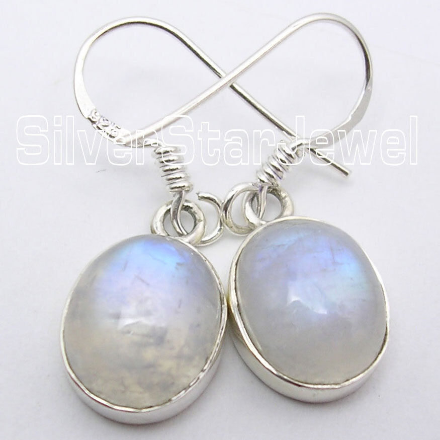 925 Solid Silver RAINBOW MOONSTONE Gorgeous Earrings 2.8CM Brand New