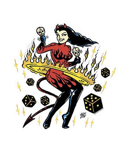 SEXY DEVIL GIRL Flaming HULA HOOP STICKER/DECAL Art by Tattoo Artist Vince Ray  