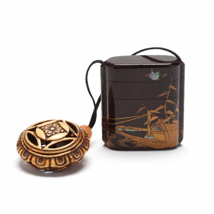 A Japanese Four Case Inro with Pierced Netsuke Lot 361