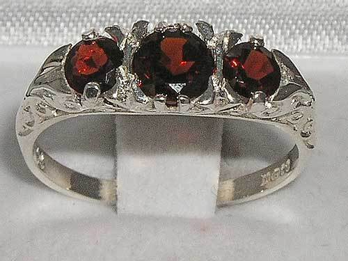Luxury Ladies Solid 925 Sterling Silver Natural Garnet Victorian Trilogy Ring