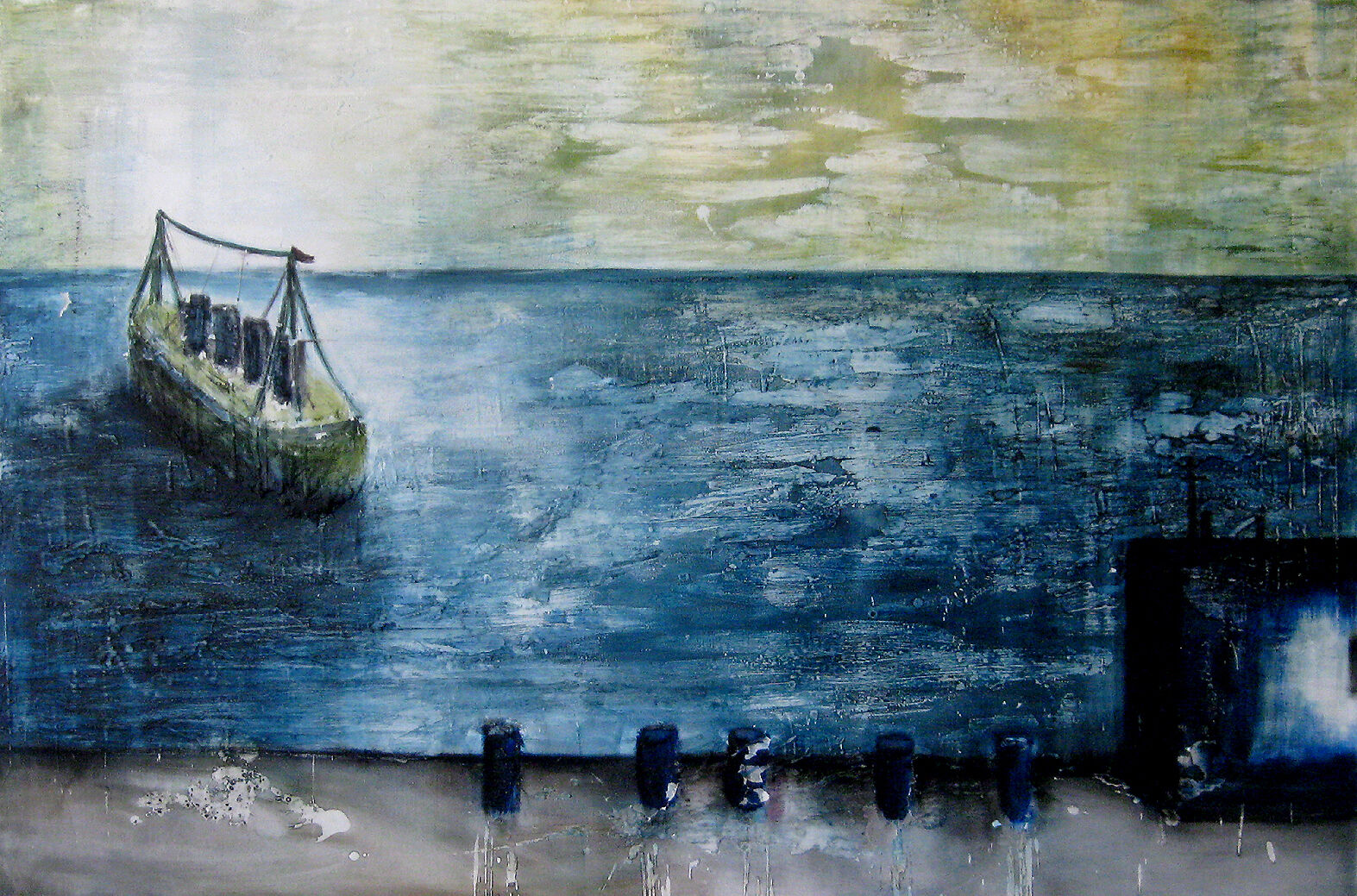 Abstract Oil Painting Encaustic Texture Large Canvas Ship Blue Martine LEtoile