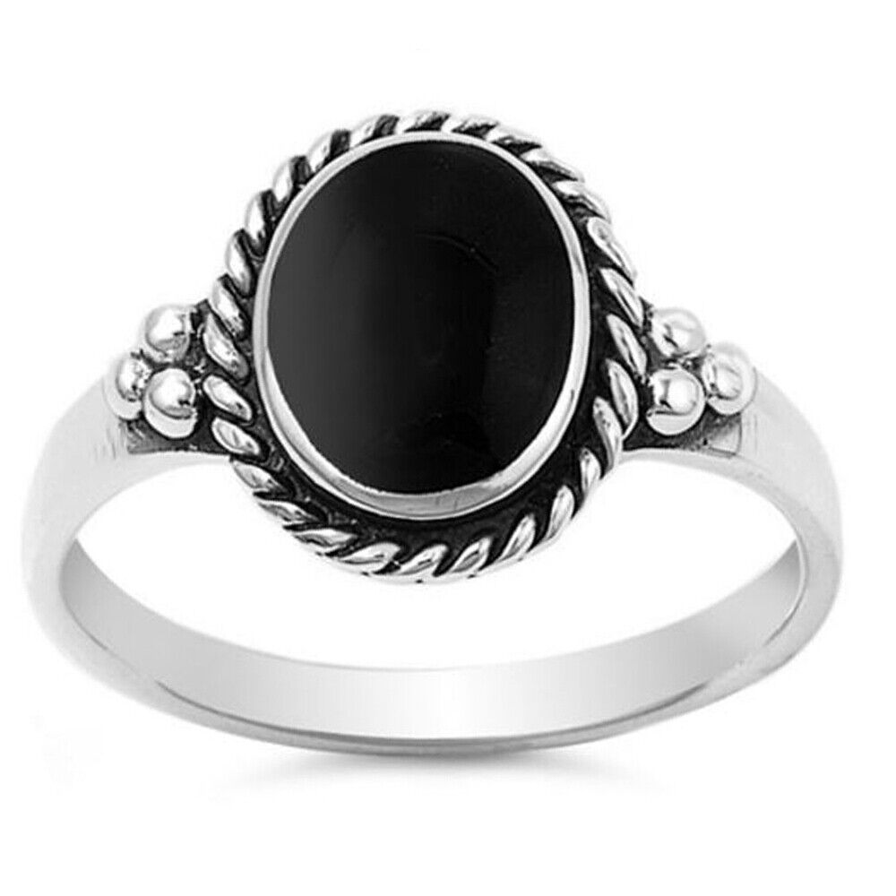 Women 12mm 925 Sterling Silver Black Onyx Ladies Vintage Style Ring Band