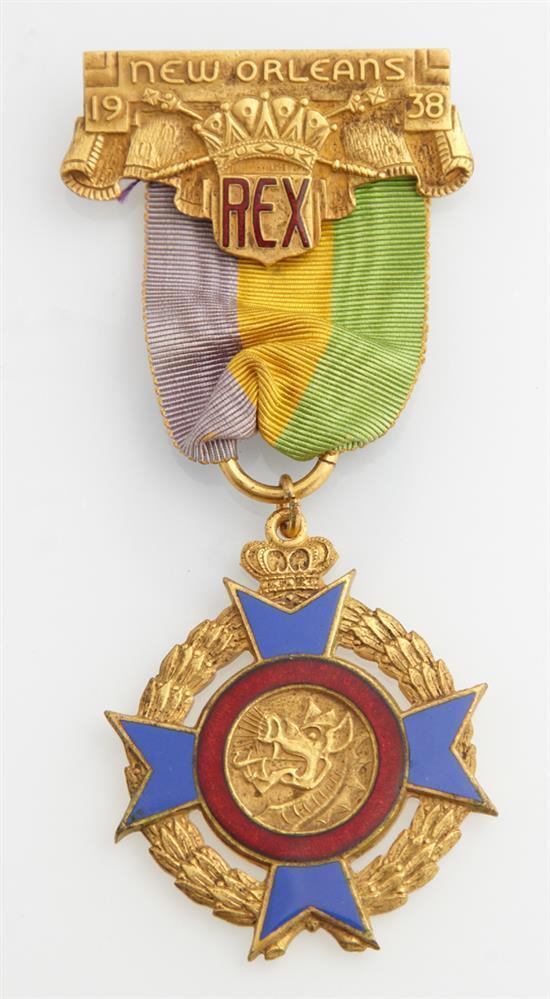 Mardi Gras- Ducal Badge, Rex, 1938, with original tri-color ribbon, H... Lot 584