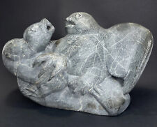 Vintage 1950s Owl Fighting Otter Hand-Carved Soapstone Inuit Sculpture 40+lbs picture