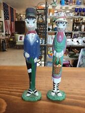 Set of 2 Hand Carved/Hand Painted Tall Wooden Figurines Cats Clothing VTG GANZ picture