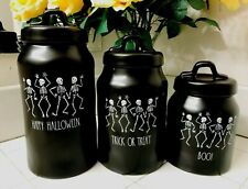 Rae Dunn Canisters Set HAPPY HALLOWEEN TRICK OR TREAT BOO Dancing Skeletons VHTF picture