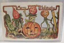Vintage Merry Halloween Postcard Anthropomorphic Pumpkin Vegetables Embossed WOW picture
