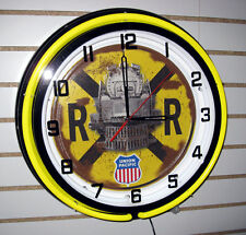 Railroad Crossing Sign Locomotive Train Union Pacific Engine Yellow Neon Clock picture