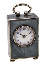 Edwardian 1908 Miniature Travel Clock With Guilloché Enamel In Sterling With Box picture