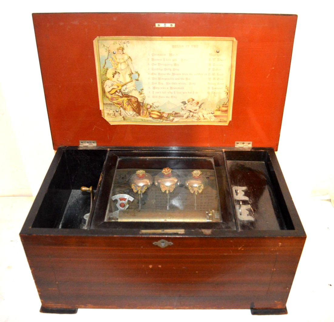 BEAUTIFUL AND WORKING 1880's 10 SONG CYLINDER MUSIC BOX WITH THREE BELLS BEAUTIFUL AND WORKING 1880's 10 SONG CYLINDER MUSIC BOX WITH THREE BELLS