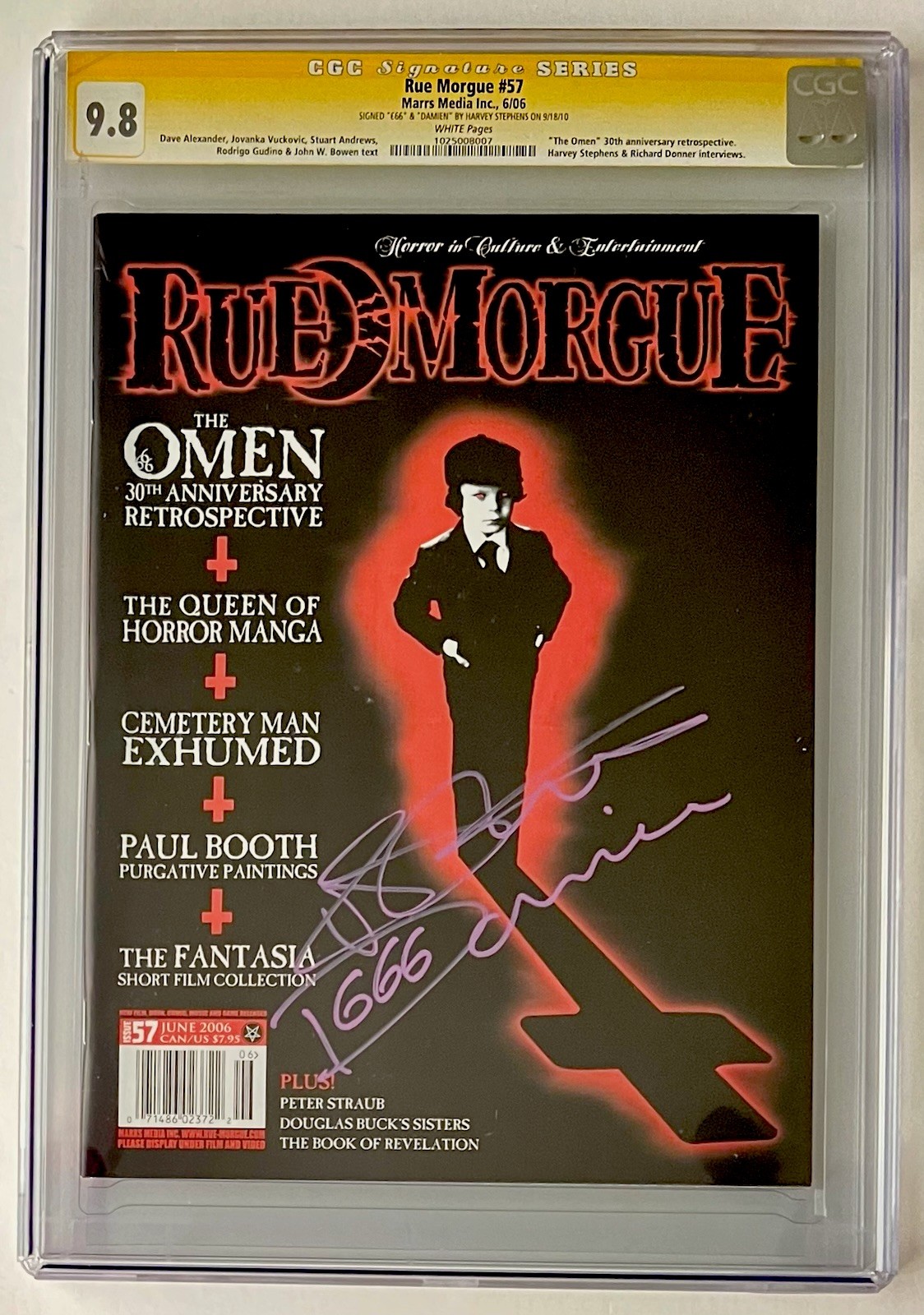 THE OMEN • RUE MORGUE #57 • CGC SS 9.8 • SIGNED/INSCRIBED STEPHENS ‘666 DAMIEN’ THE OMEN • RUE MORGUE #57 • CGC SS 9.8 • SIGNED/INSCRIBED STEPHENS ‘666 DAMIEN’