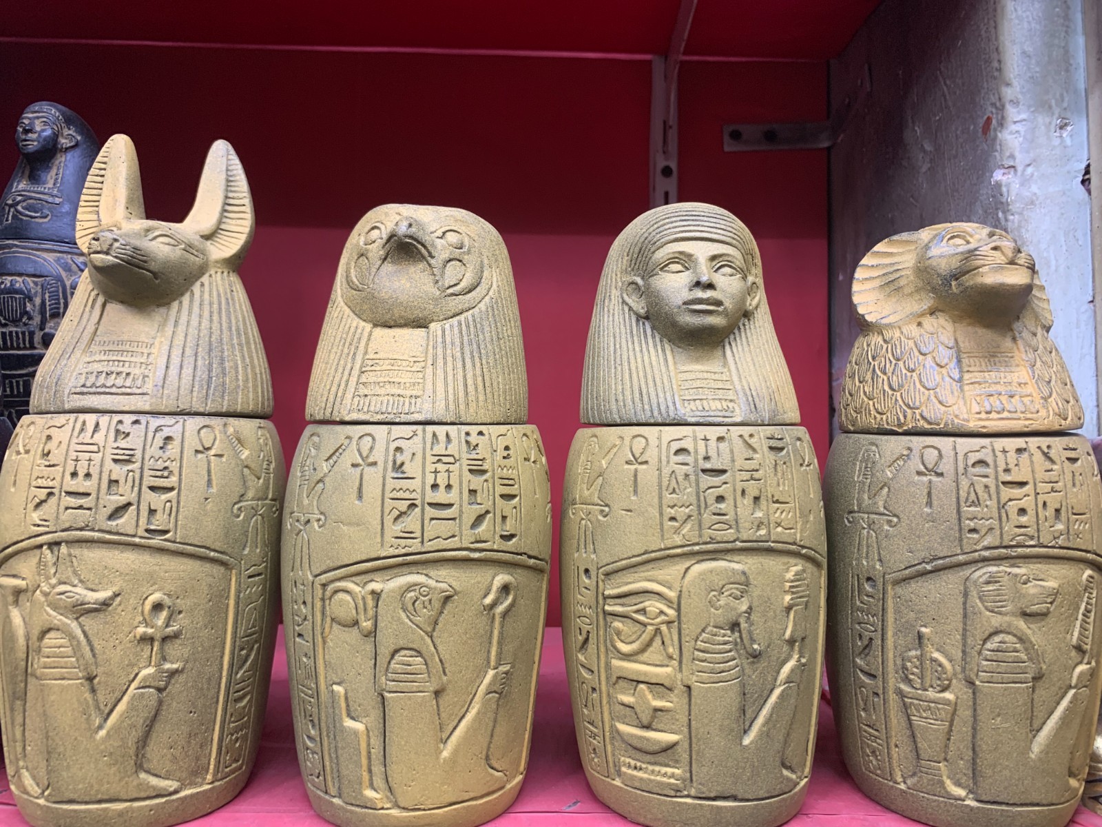 Rare Ancient Egyptian Pharaonic Canopic Jar Box – Four Sacred Sons of Horus (A+) Rare Ancient Egyptian Pharaonic Canopic Jar Box – Four Sacred Sons of Horus (A+)