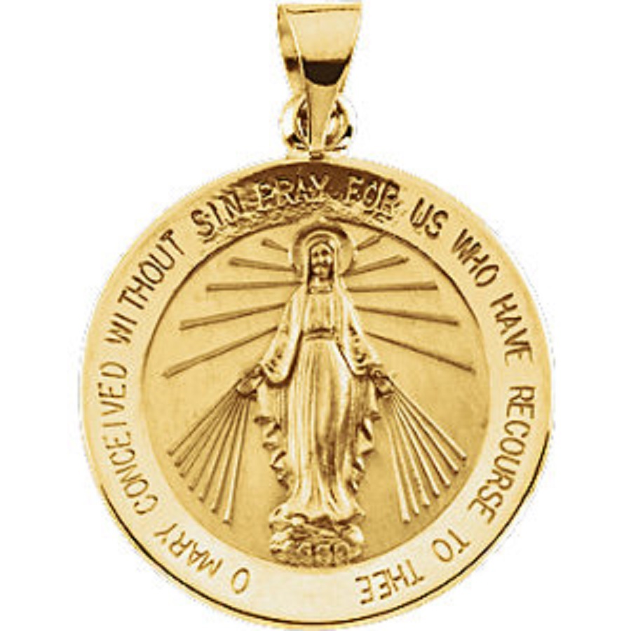 Miraculous Medal 14K Yellow Gold 18mm Round Virgin Mary Large 2 Sided R5019 Miraculous Medal 14K Yellow Gold 18mm Round Virgin Mary Large 2 Sided R5019
